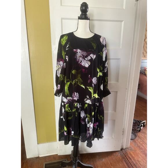 Erdem Floral Crêpe Mini Dress Long Sleeve Black Purple Iris sz US 10 - Picture 2 of 16